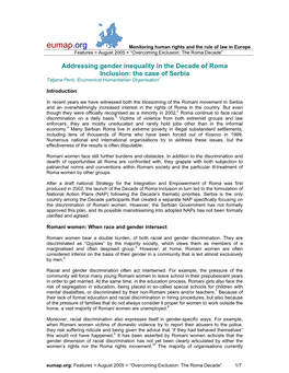 Addressing Gender Inequality in the Decade of Roma Inclusion: the Case of Serbia Tatjana Perić, Ecumenical Humanitarian Organisation1