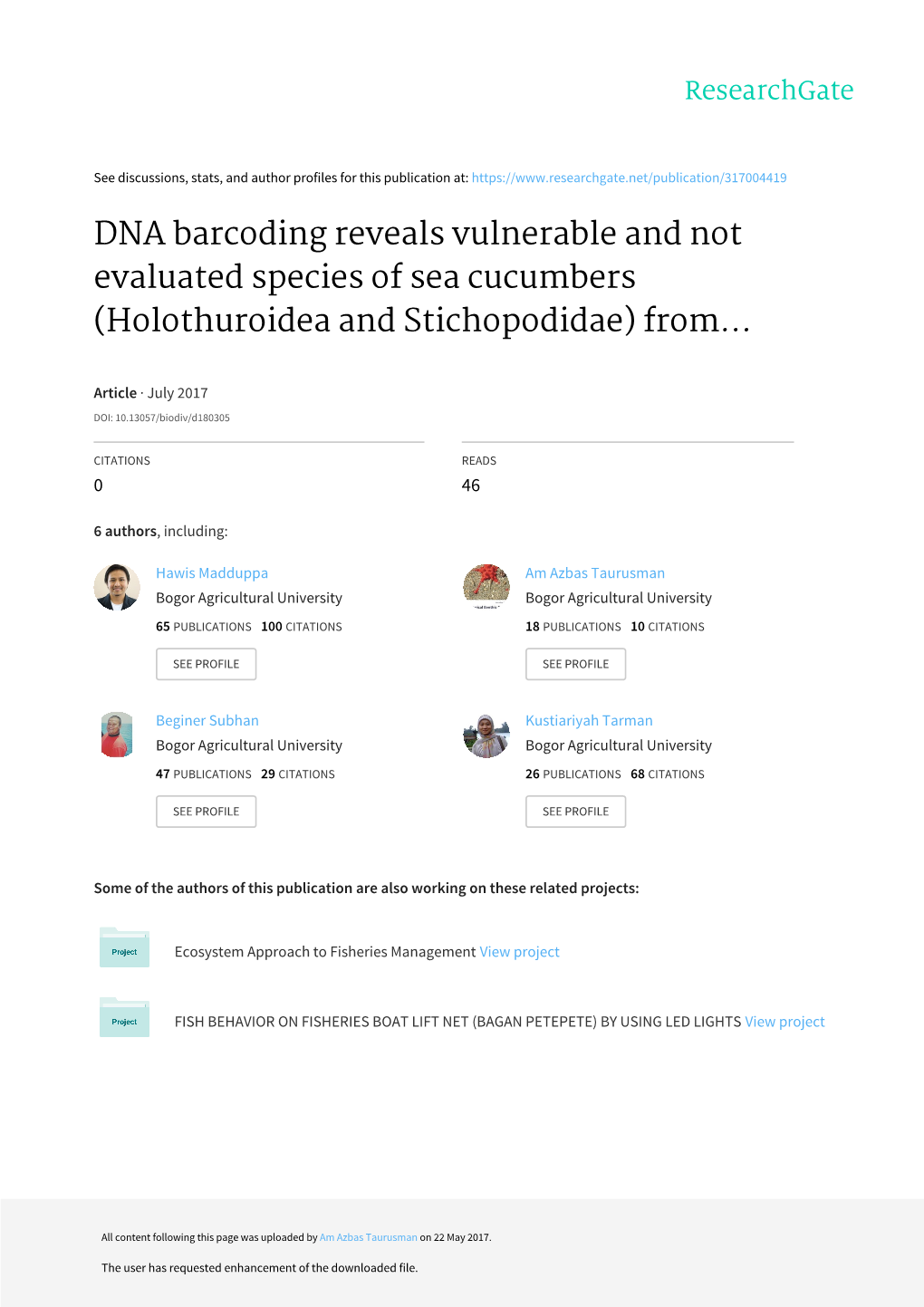 DNA Barcoding Reveals Vulnerable and Not Evaluated Species of Sea Cucumbers (Holothuroidea and Stichopodidae) From