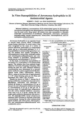 In Vitro Susceptibilities of Aeromonas Hydrophila to 32 Antimicrobial Agents ROBERT J