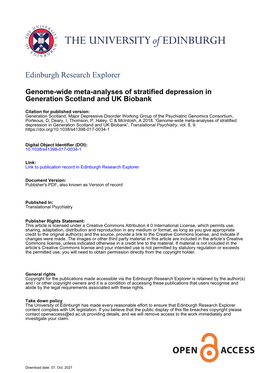 Genome-Wide Meta-Analyses of Stratified Depression in Generation Scotland and UK Biobank', Translational Psychiatry, Vol