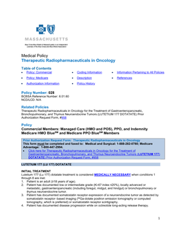 Medical Policy #028 Therapeutic Radiopharmaceuticals in Oncology