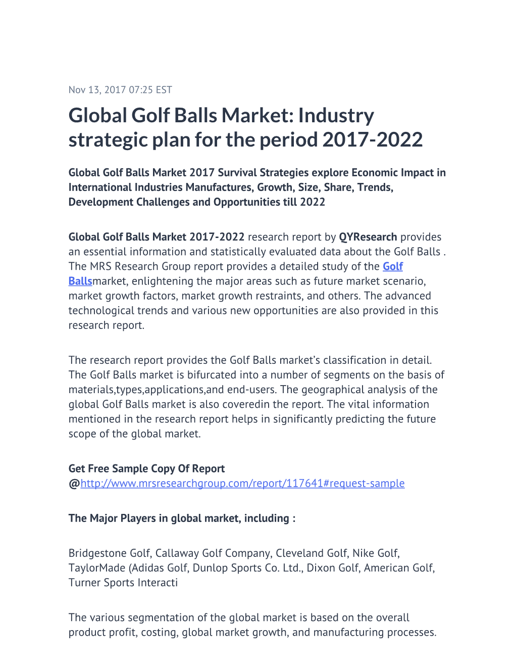 Global Golf Balls Market: Industry Strategic Plan for the Period 2017-2022