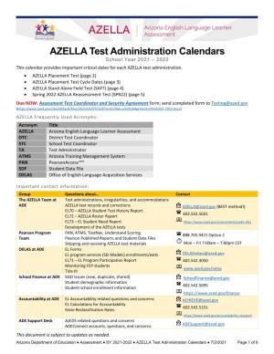 AZELLA Test Administration Calendars School Year 2021-2022