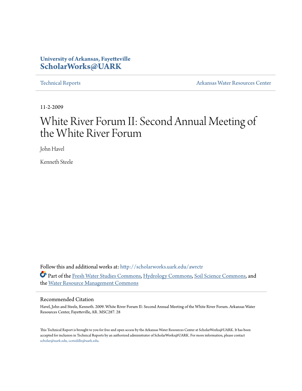 White River Forum II: Second Annual Meeting of the White River Forum John Havel