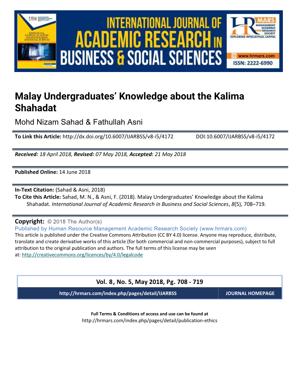 Malay Undergraduates' Knowledge About the Kalima Shahadat