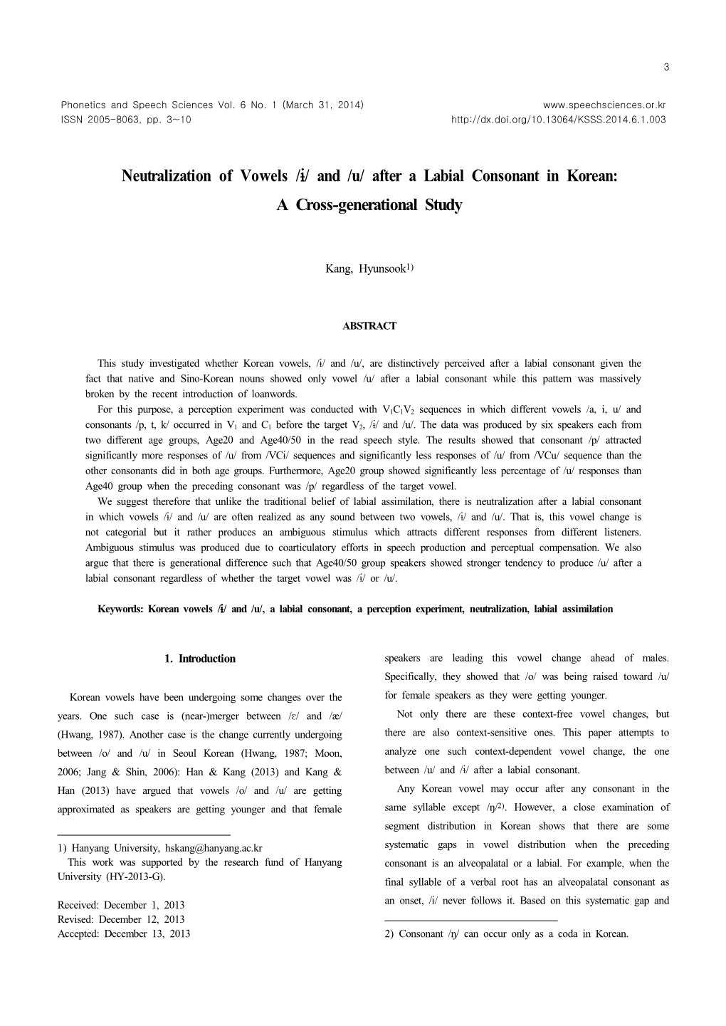 Neutralization of Vowels / Ɨ/ and /U/ After a Labial Consonant in Korean