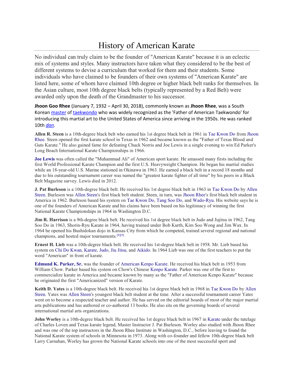 History of American Karate No Individual Can Truly Claim to Be the Founder of 