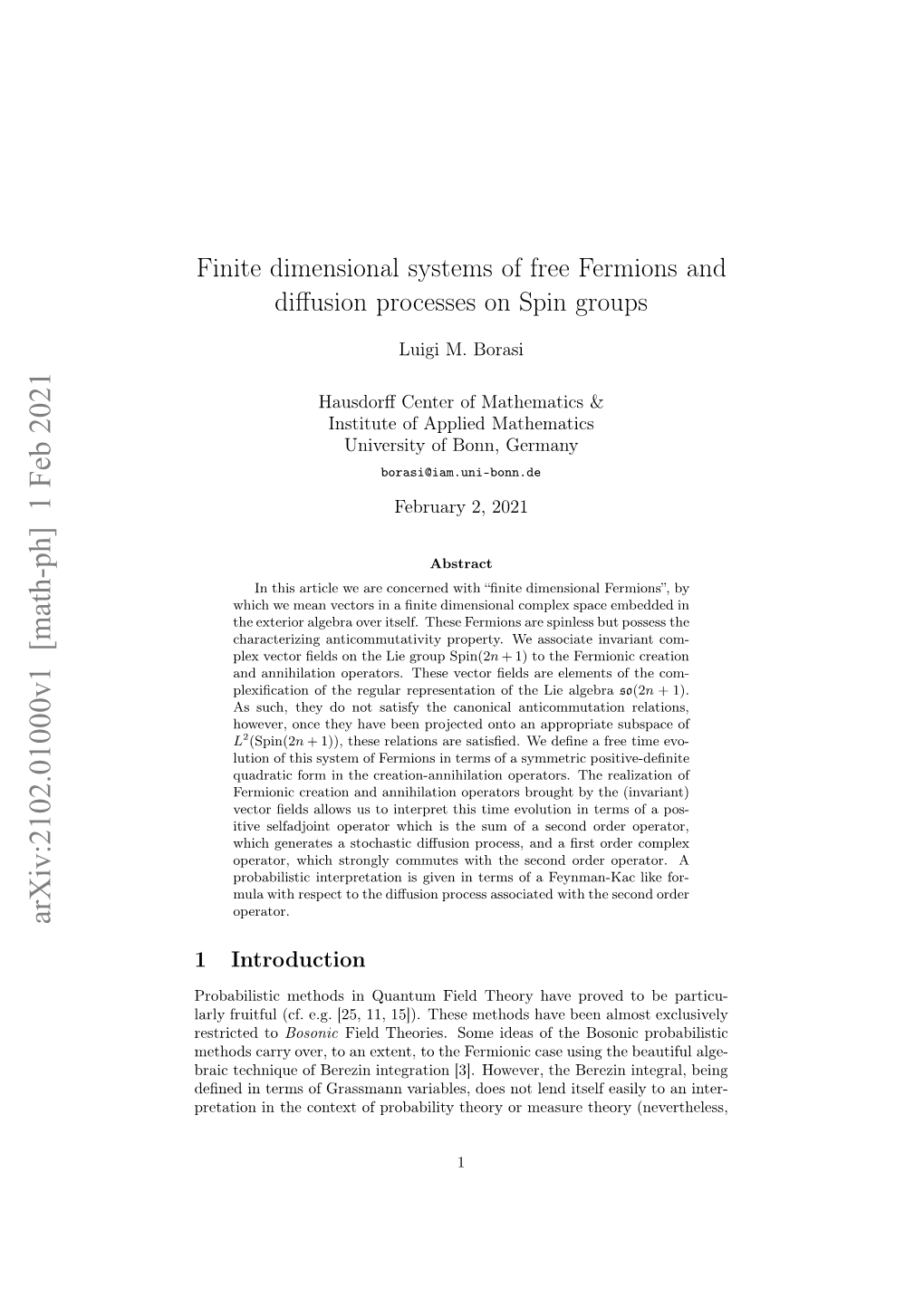 Finite Dimensional Systems of Free Fermions and Diffusion Processes