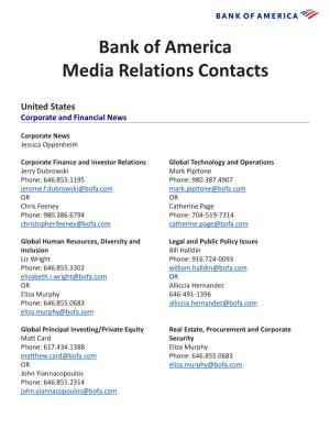 Bank of America Media Relations Contacts