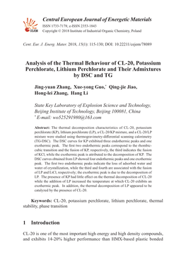 Analysis of the Thermal Behaviour of CL-20, Potassium Perchlorate, Lithium Perchlorate and Their Admixtures by DSC and TG