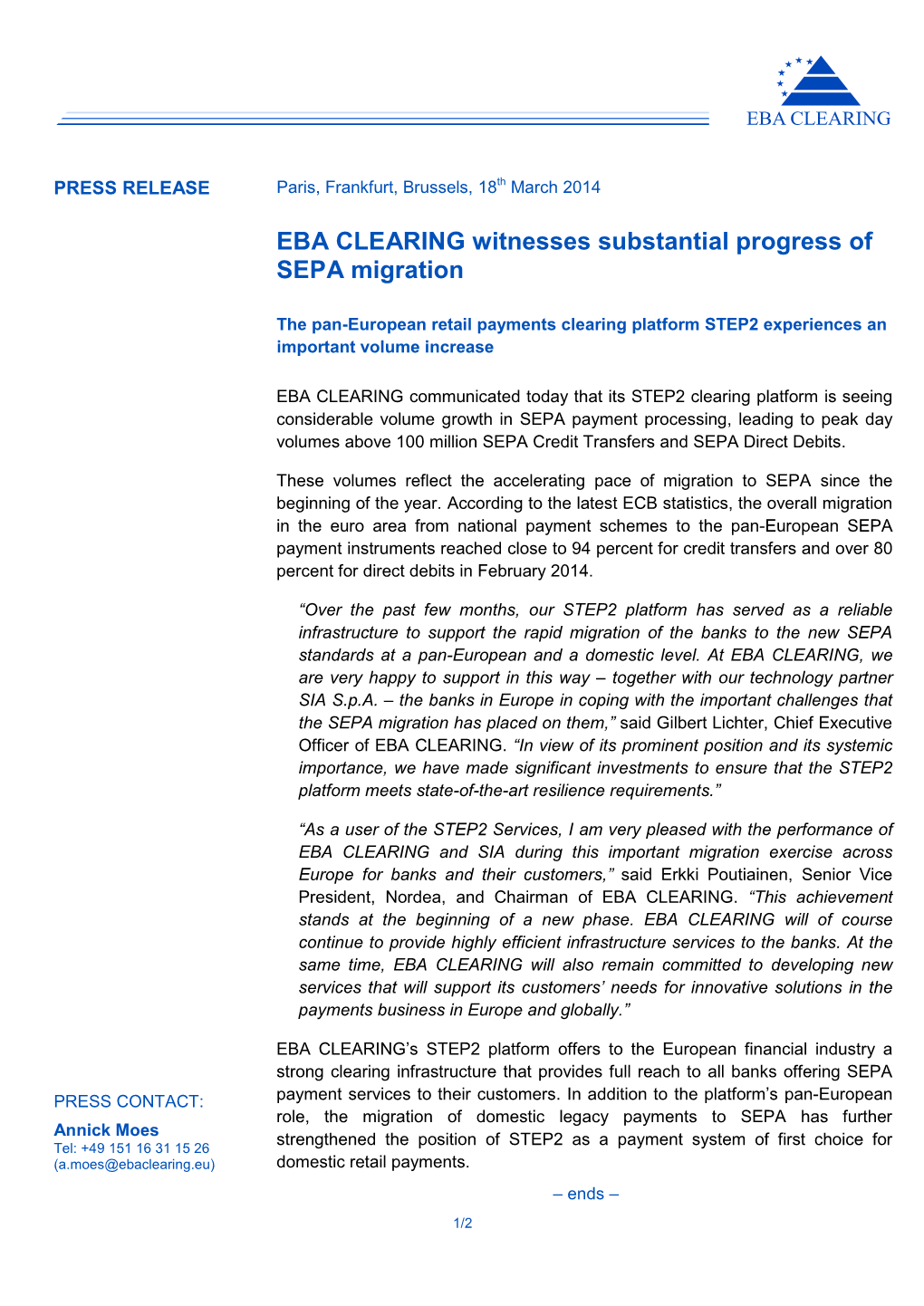 EBA CLEARING Witnesses Substantial Progress of SEPA Migration