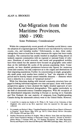 Out-Migration from the Maritime Provinces, 1860 - 1900: Some Preliminary Considerations*