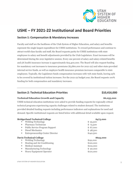 USHE – FY 2021-22 Institutional and Board Priorities