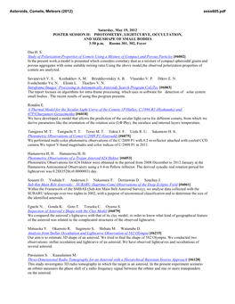 Saturday, May 19, 2012 POSTER SESSION II: PHOTOMETRY, LIGHTCURVE, OCCULTATION, and SIZE/SHAPE of SMALL BODIES 3:50 P.M