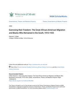 The Great African-American Migration and Blacks Who Remained in the South, 1915-1920