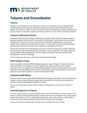 Toluene and Groundwater Toluene Toluene Is a Clear Liquid That Occurs Naturally in Crude Oil