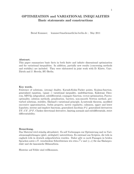 OPTIMIZATION and VARIATIONAL INEQUALITIES Basic Statements and Constructions