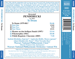 Penderecki Has Enjoyed an International Reputation for Music That Blends Direct, Emotional Appeal with Contemporary Compositional Techniques