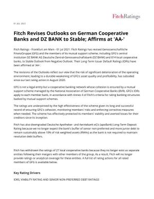 Fitch Revises Outlooks on German Cooperative Banks and DZ BANK to Stable; Affirms at 'AA-'