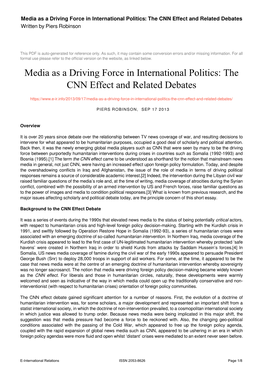 Media As a Driving Force in International Politics: the CNN Effect and Related Debates Written by Piers Robinson