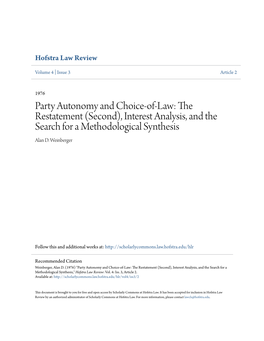 The Restatement (Second), Interest Analysis, and the Search for a Methodological Synthesis Alan D