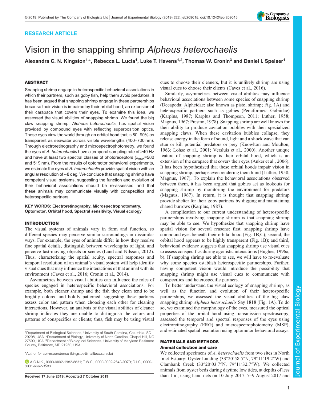 Vision in the Snapping Shrimp Alpheus Heterochaelis Alexandra C