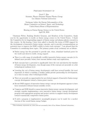 Prepared Statement of Scott C. Hsu Scientist, Physics Division–Plasma