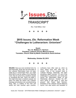 2015 Issues, Etc. Reformation Week, Challenges to Lutheranism