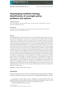 Unpackaging Synthetic Biology: Identification of Oversight Policy