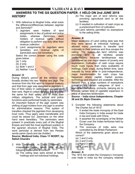 ANSWERS to the GS QUESTION PAPER -1 HELD on 2Nd JUNE 2019 HISTORY (B) the Major Aim of Land Reforms Was Providing Agricultural Land to All the 1