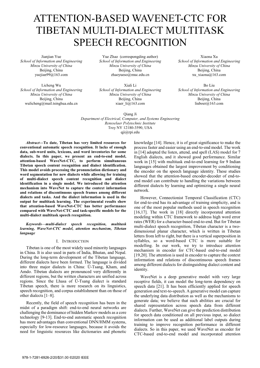 Attention-Based Wavenet-Ctc for Tibetan Multi-Dialect Multitask Speech Recognition