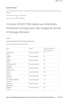 Circulaire 2018/C/109 Relative Aux Indemnités Forfaitaires Octroyées Pour Des Voyages De Service À L’Étranger (Annexe)