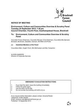 NOTICE of MEETING Environment, Culture and Communities Overview & Scrutiny Panel Tuesday 24 September 2013, 7.30 Pm Council