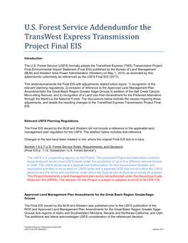 U.S. Forest Service Addendumfor the Transwest Express Transmission Project Final EIS