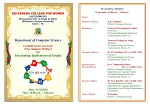 Department of Computer Science : Yatiswari Guhapriya Amba Secretary, Cordially Invites You to the Sri Sarada College for Women (Autonomous), Salem - 16