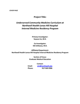Underserved Community Medicine Curriculum at Northwell Health-Lenox Hill Hospital Internal Medicine Residency Program
