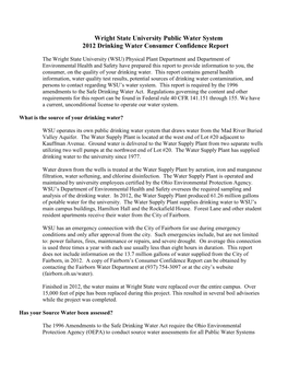 Wright State University Public Water System 2012 Drinking Water Consumer Confidence Report
