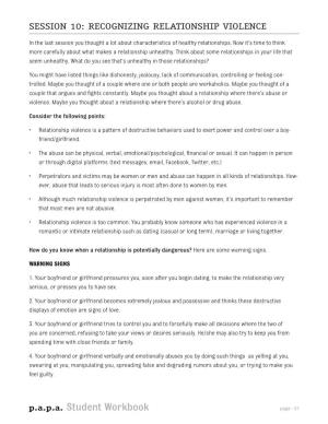 P.A.P.A. Student Workbook Page • 51 Session 10: Recognizing Relationship Violence Continued