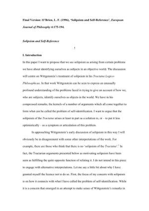 Final Version: O'brien, LF (1996), 'Solipsism and Self-Reference'