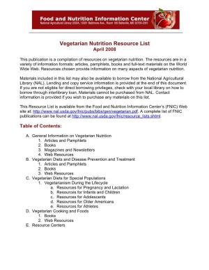 Vegetarian Nutrition Resource List April 2008