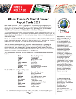 Global Finance's Central Banker Report Cards 2021