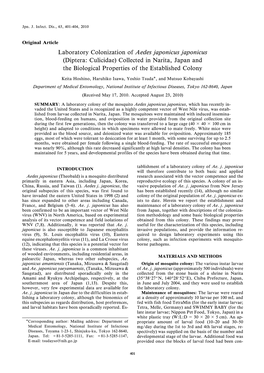 Laboratory Colonization of Aedes Japonicus Japonicus (Diptera: Culicidae) Collected in Narita, Japan and the Biological Properties of the Established Colony