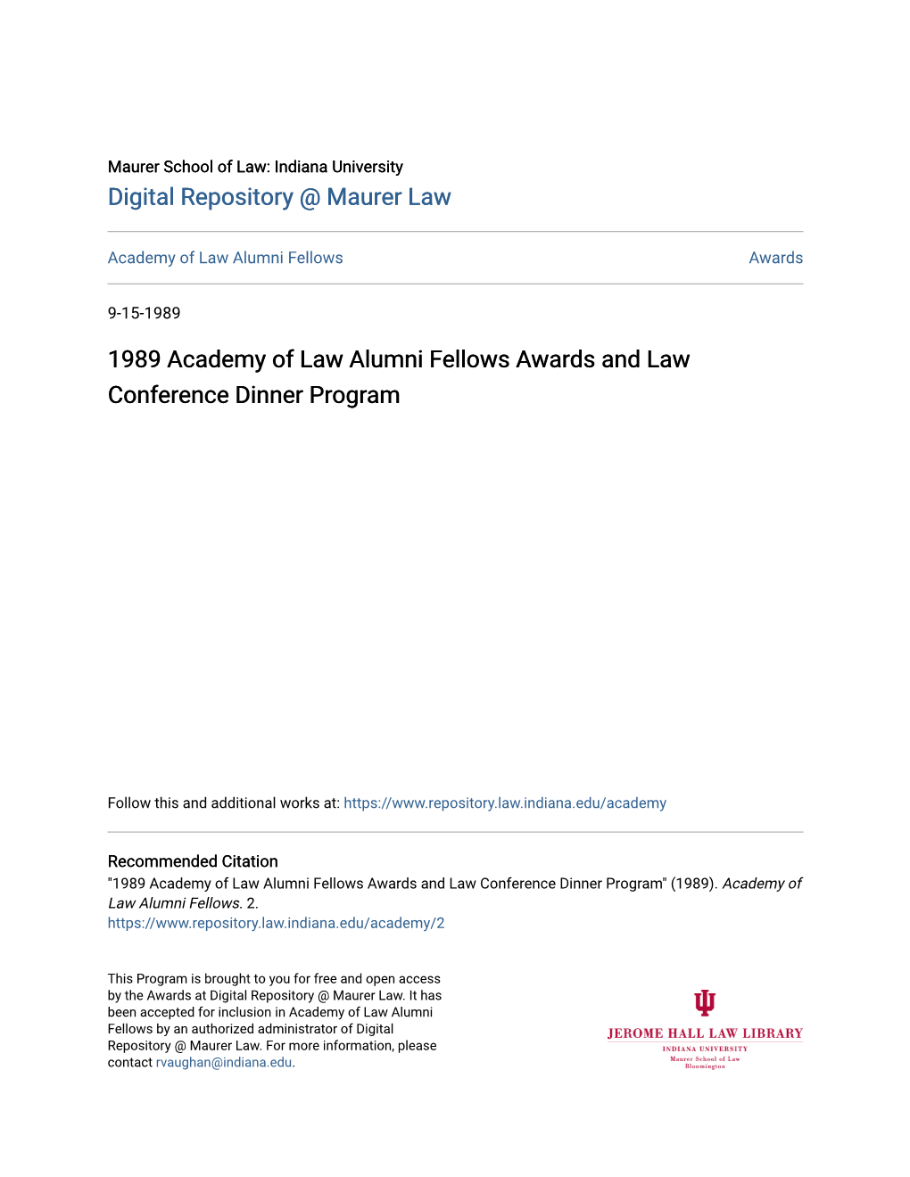 1989 Academy of Law Alumni Fellows Awards and Law Conference Dinner Program