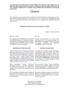 Acciona Energía Capital Energía Capital Markets Day” to Take Place Today Markets Day” Que Va a Tener Lugar Hoy Día 7 De 7Th May 2021 at 1:00Pm (CET)