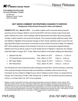 MCT SEEKS COMMENT on PROPOSED CHANGES to SERVICE Realignment of Bus Routes Proposed in Alton and Highland