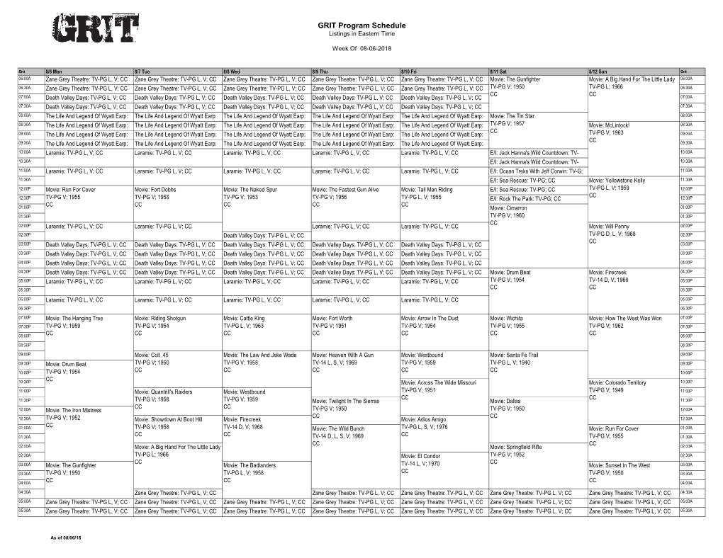 GRIT Program Schedule Listings in Eastern Time