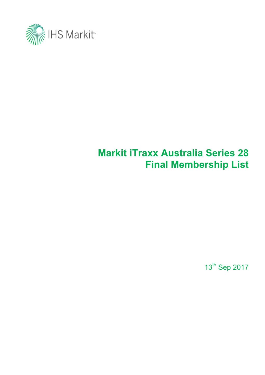 Markit Itraxx Australia Series 28 Final Membership List