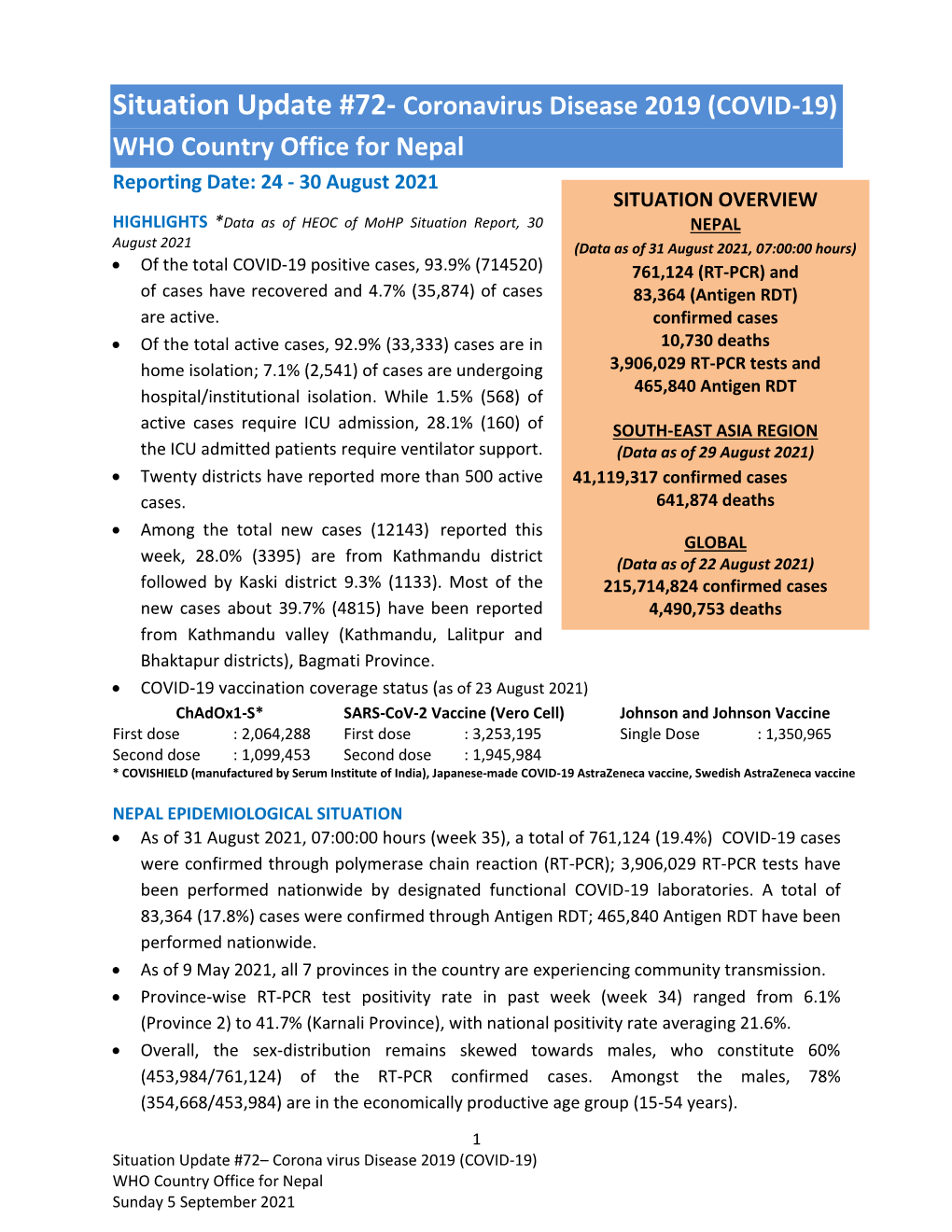 Situation Update #72- Coronavirus Disease 2019 (COVID-19)