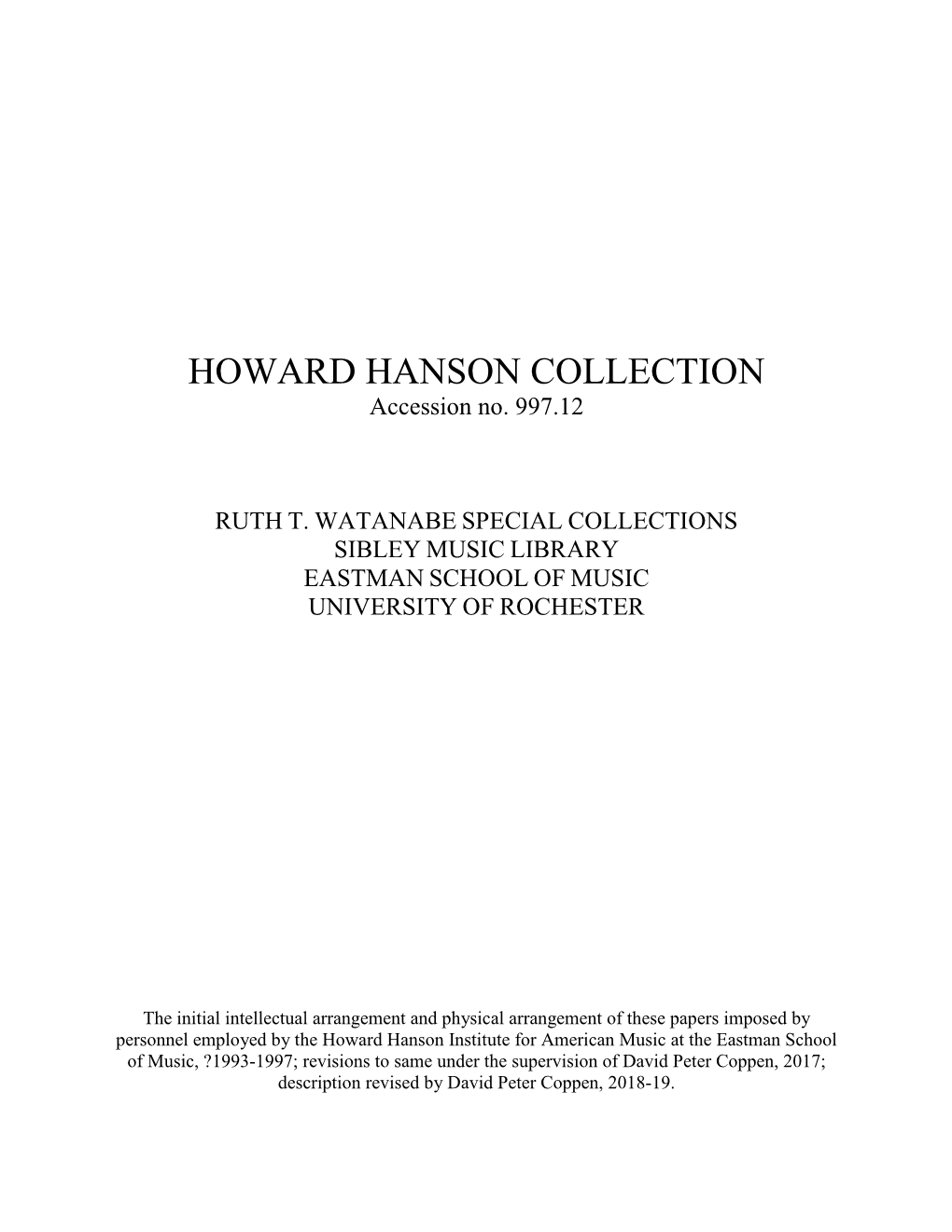 HOWARD HANSON COLLECTION Accession No