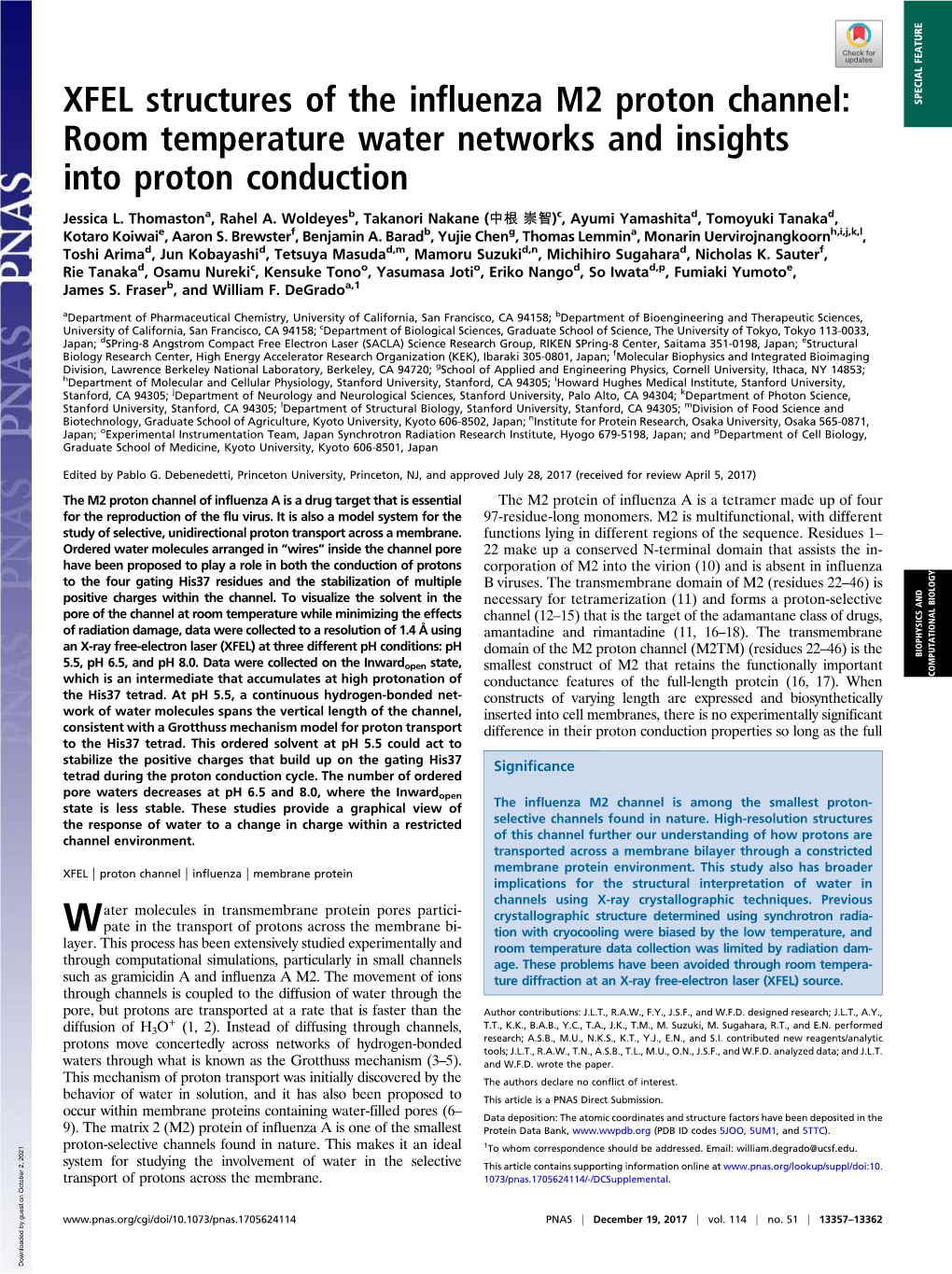 XFEL Structures of the Influenza M2 Proton Channel: SPECIAL FEATURE Room Temperature Water Networks and Insights Into Proton Conduction